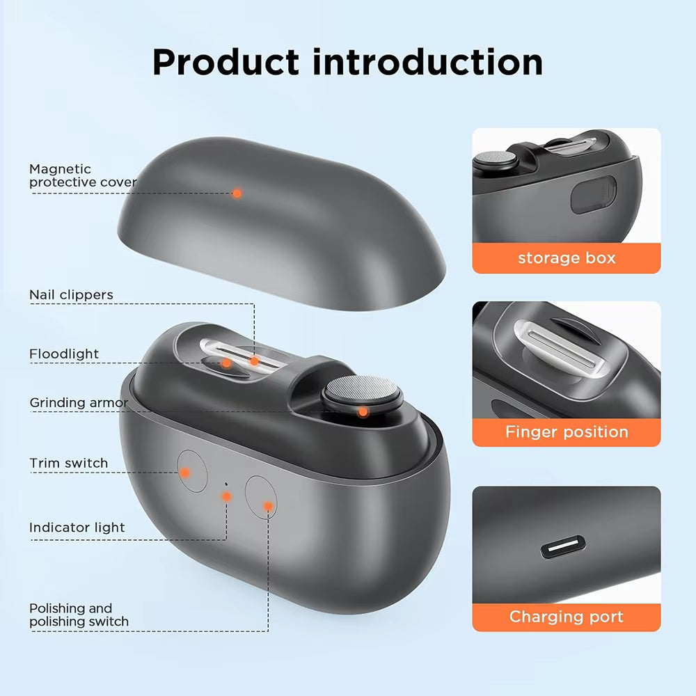 Electric Nail Clipper Electric Nail Trimmer Polisher Portable Fingernail Cutter with Light File Nail Clip Storage Rechargeable